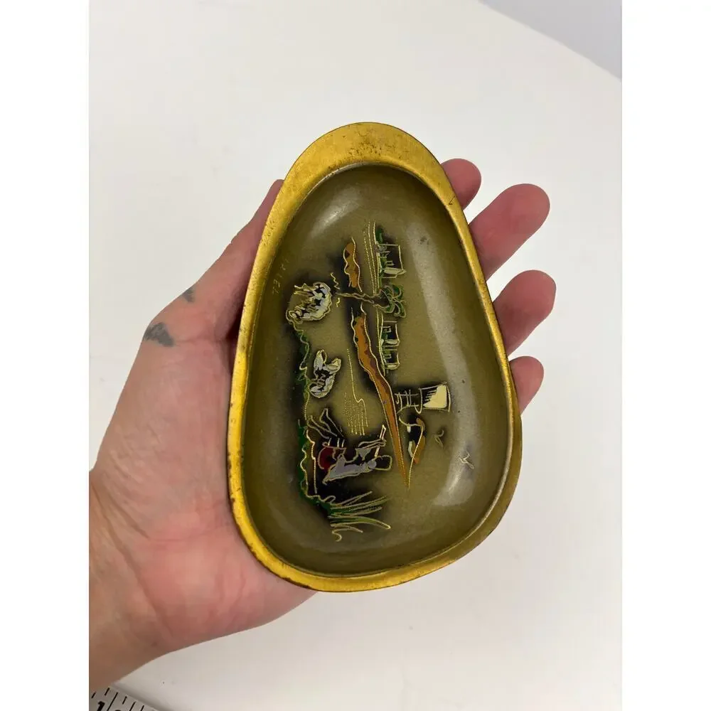 VTG N. Oppenheim Israel Hand Burnished Wall Hanging Trinket Tray Tin Gold‎